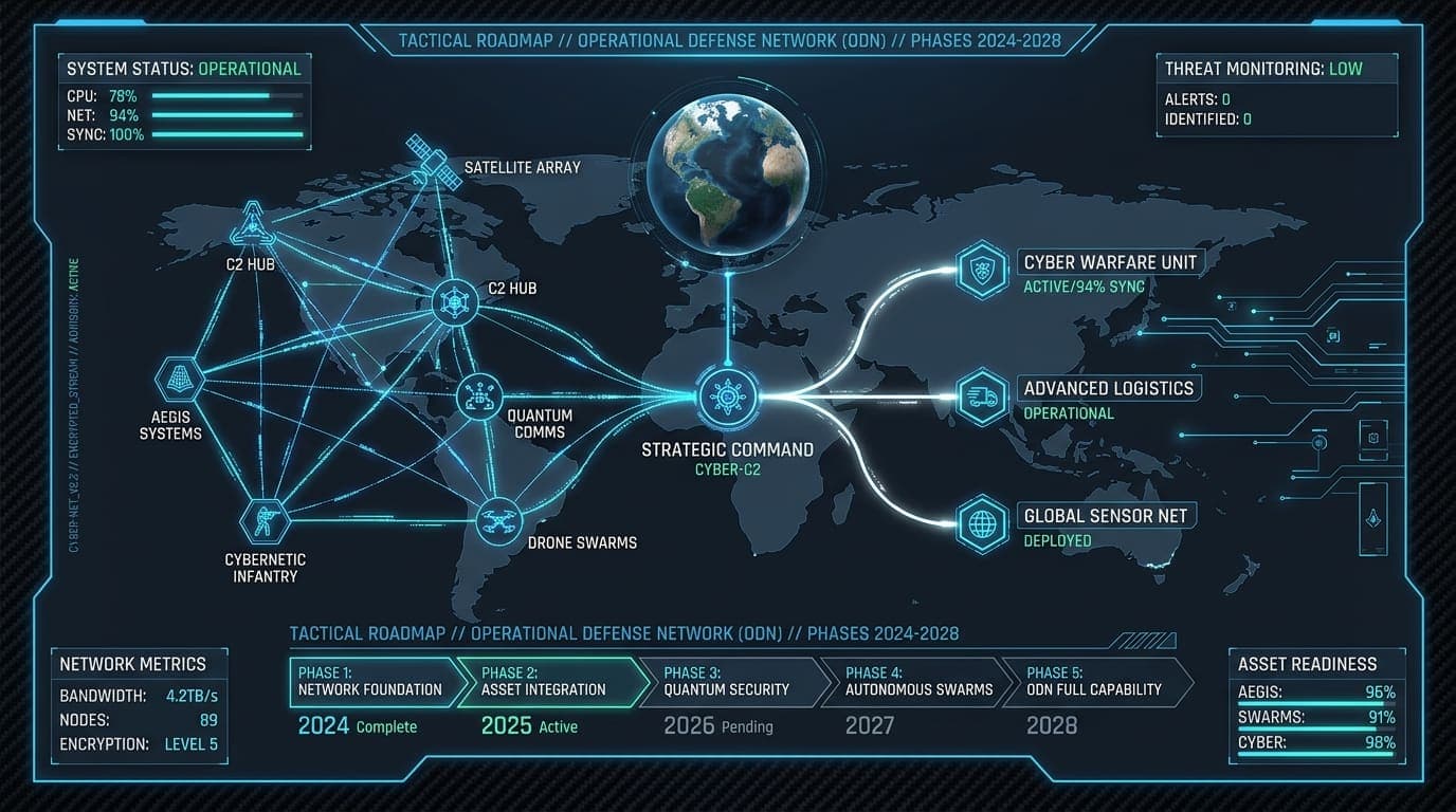 Illustration of a phased defence network roadmap linking command hubs, satellites and sensor networks